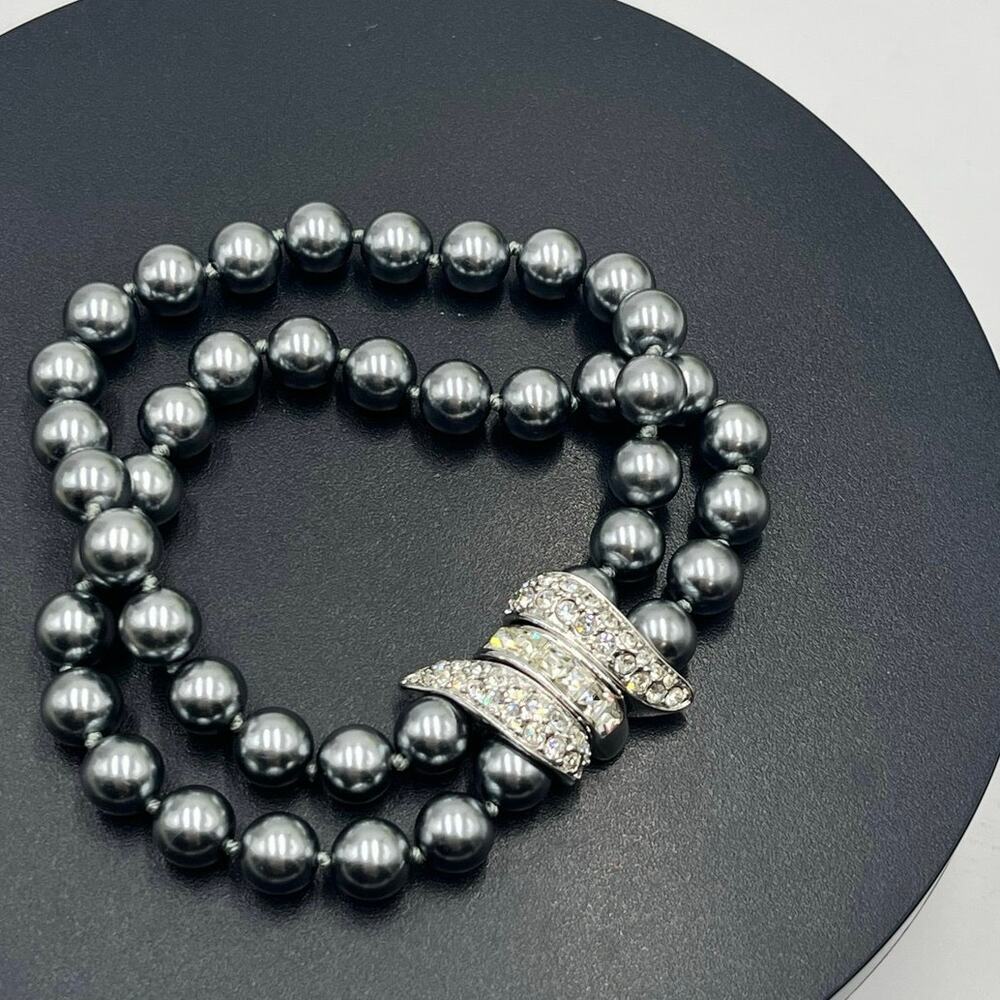 Nolan Miller Vintage Two Strand Gray Faux Pearl Rhinestone Clasp Bracelet